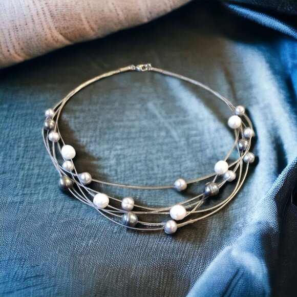 Sterling silver multi strand pearls necklace and earring set - Picture 3 of 4